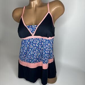 ISO Womens Small Floral Babydoll Cami Tank Top Navy Blue Pink Coquette Y2K Style